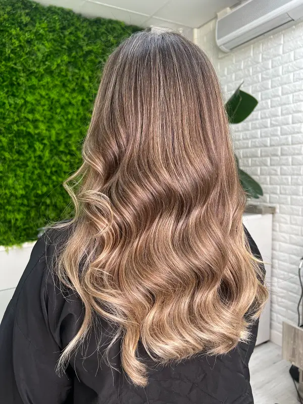 Melena larga con ondas en castaño con puntas rubias, vista de espaldas